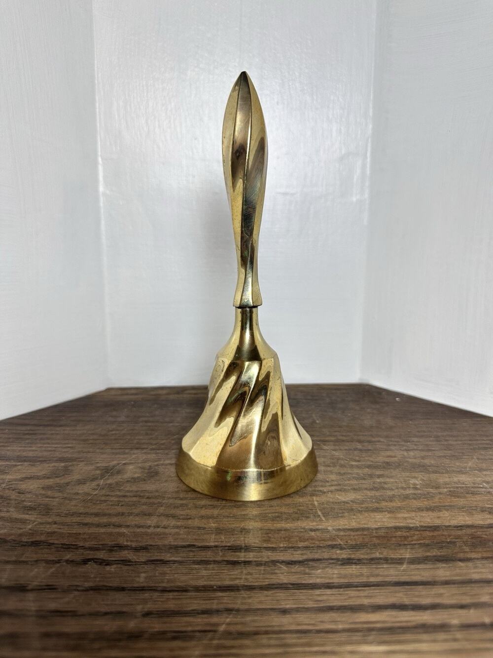SWIRL BRASS School House Hand Dinner BELL - 7.5 in tall Vintage Mid Century